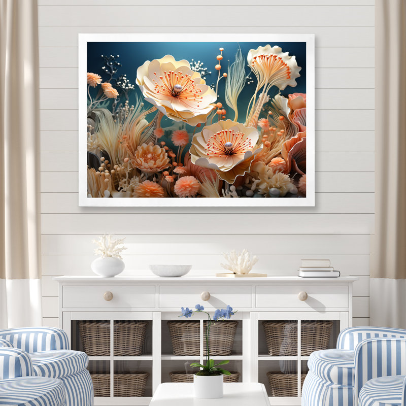 Art mural sur toile, pêche et seiche, anémone, Cadre simple blanc, H 12 po x l 20 po x P 1 po