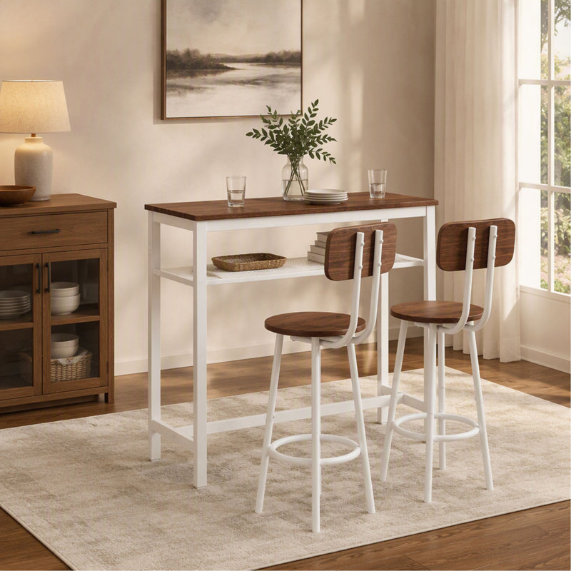 Ensemble de table de bar 3 pièces avec 2 tabourets, structure en métal et tablette de rangement, table haute moderne avec plateau en bois pour cuisine, salle à manger et salon