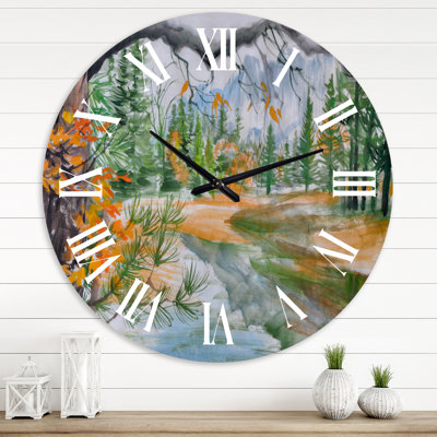 River With Trees In Autumn Forest - Lake House wall clock