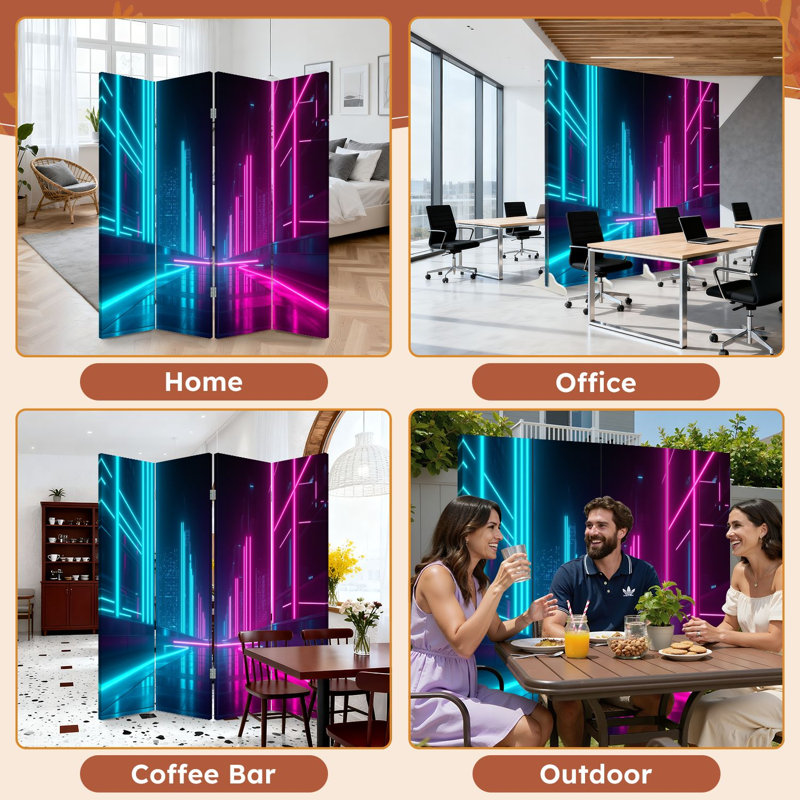 Paravent 4 panneaux à cloison pliable Royal Futuristic Neon Cityscape, 4, 71" H x 64" W x 1" D
