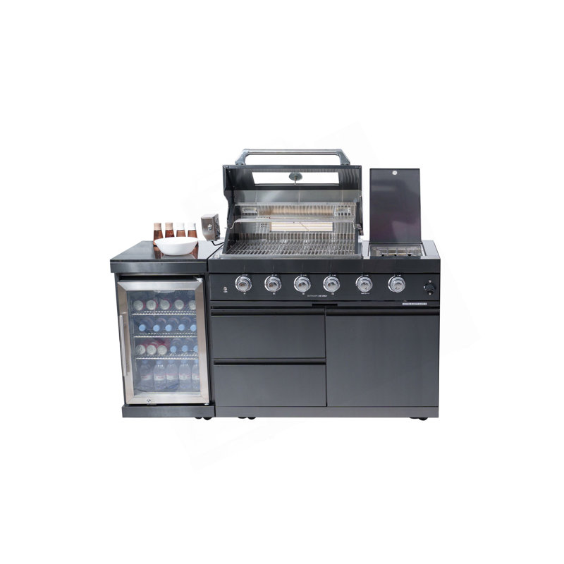 Îlot de cuisine de 46 pouces à 4 brûleurs de 72 pouces BTU de luxe en acier inoxydable avec barbecue et îlot de cuisine + réfrigérateur à vin compact + ensemble de rôtisserie + comptoirs en granit