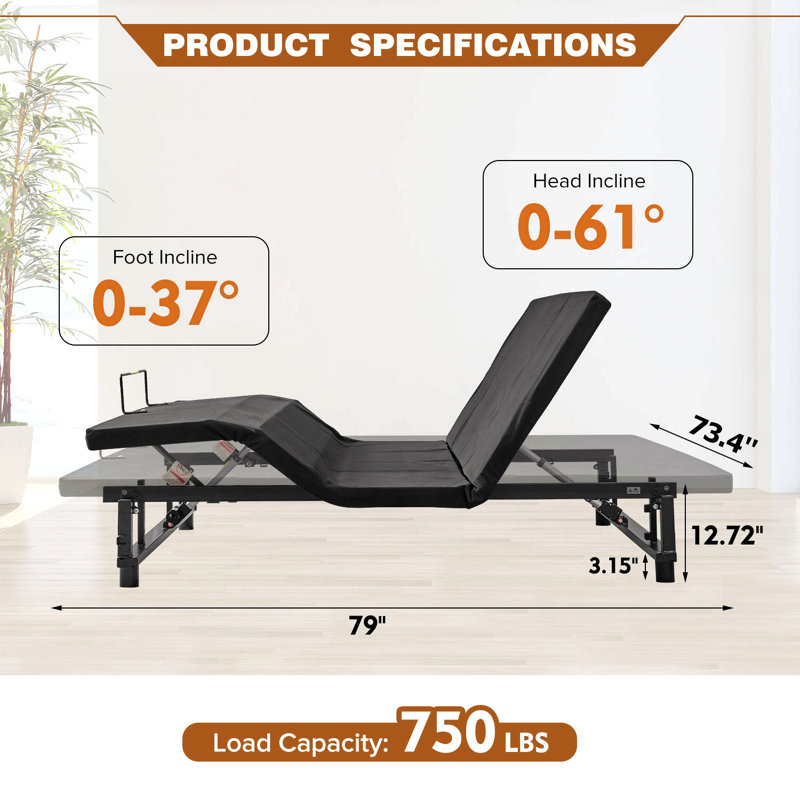Adjustable Bed Base Frame Head And Foot Incline Quiet Motor King Size Zero Gravity