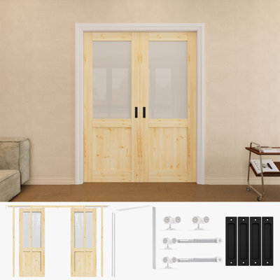 Porte en bois de pin massif 60 po x 80 po avec porte coulissante double en verre givré avec quincaillerie noire et cadre de porte blanc