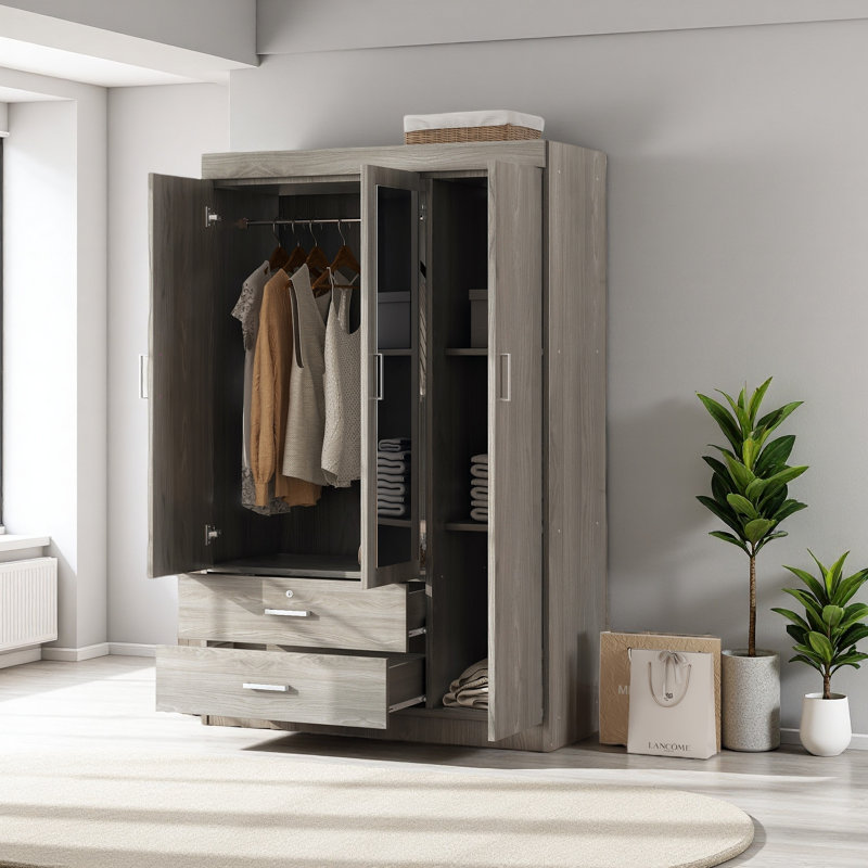 Armoire à miroir 3 portes avec tablettes, Gris