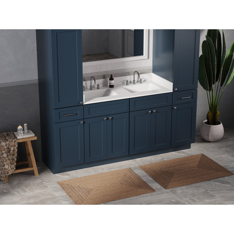 Meuble-lavabo double 78 po avec comptoir en quartz de Carrare et armoires en lin, Bleu