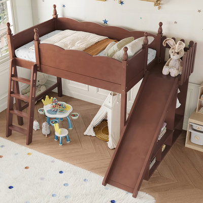 Loft Bed with Storage Shelves and Wardrobe, Solid Wood Construction, Detachable Slide and Ladders, No Box Spring Needed