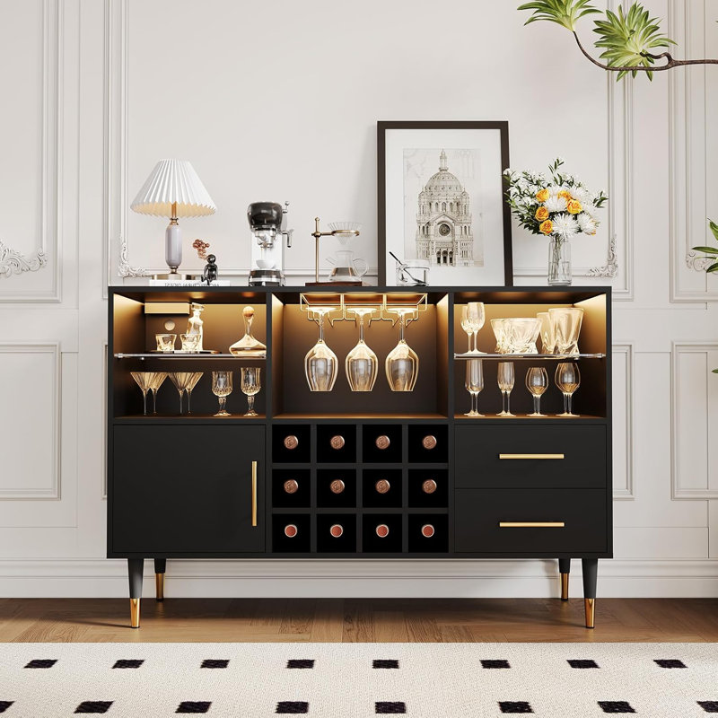 47 Inch Wine Bar Cabinet with Storage, Led Lights & Charging Station, Wood Coffee Bar Station, Modern Sideboard Buffet Cabinet for Living Room Apartments