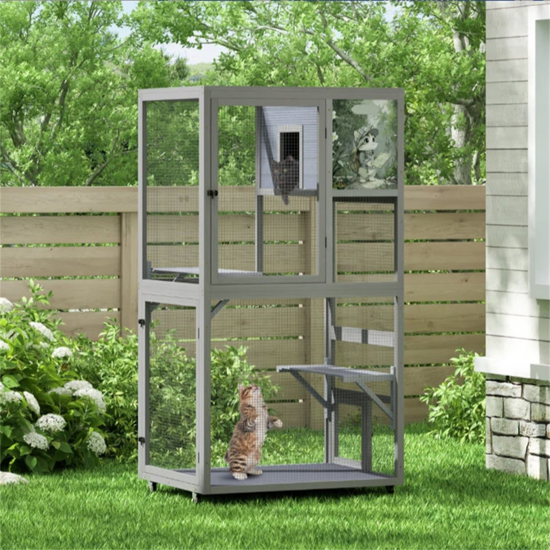 Maison de chat de 66 pouces, maison de chat gris foncé avec roues, patio extérieur convenable, clôture de maison de chat plateforme
