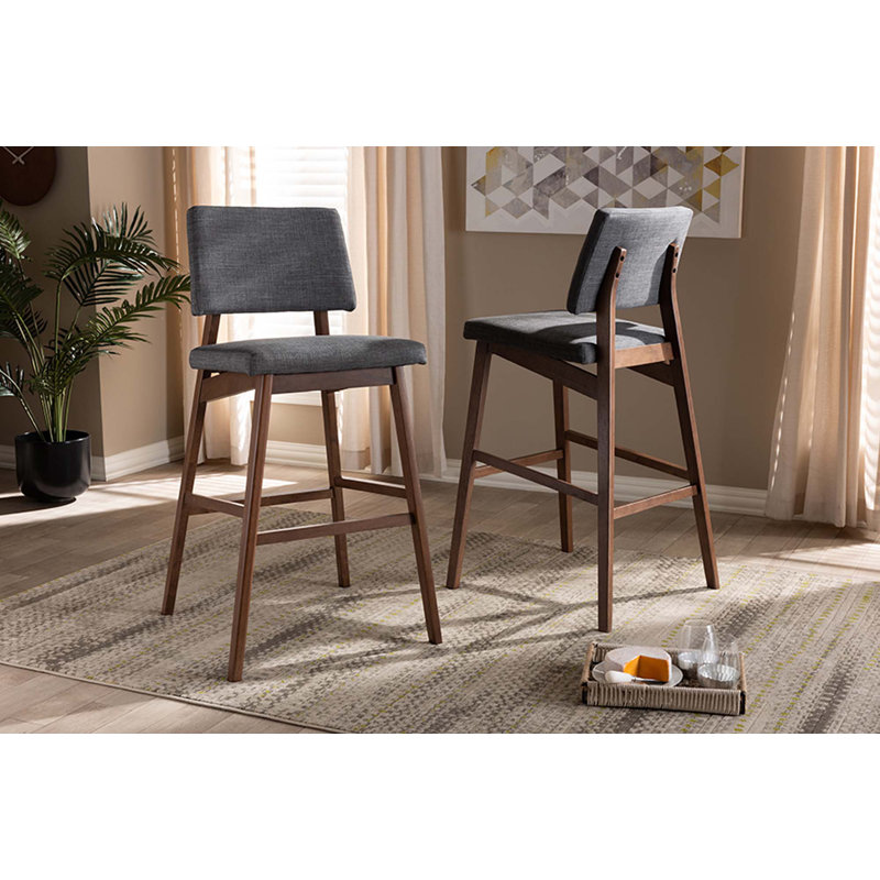 Goggins Dublin Light Gray Fabric Upholstered And Walnut-Finished Wood Bar Stool Set Of 2, Gray
