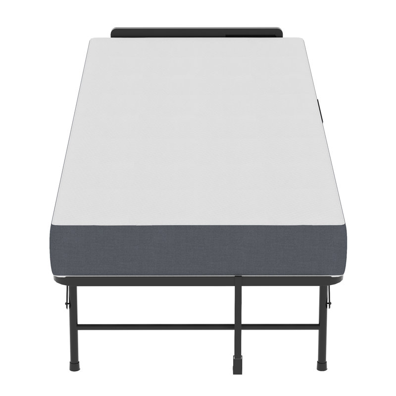 Metal Industrial Folding Bed Adjustable Headboard 5 Inch Memory Foam Guest Cot with Wheels