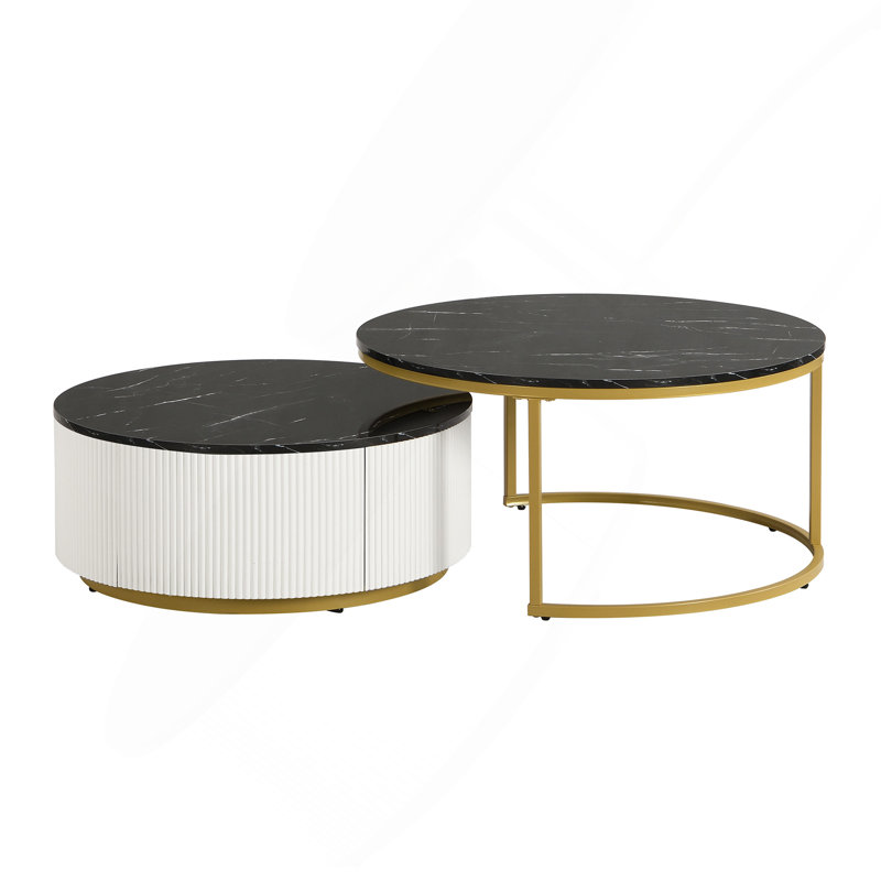 Modern Round Nesting Coffee Table Fluted With Drawer In Black & Gold In 27.6"