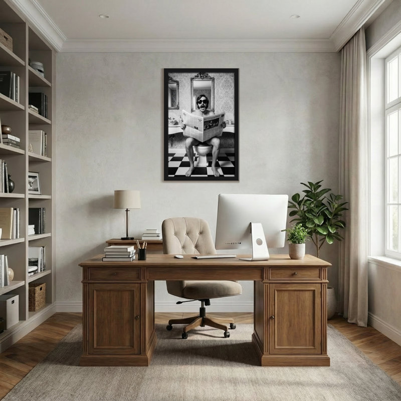 Bath & Laundry Man lisant le journal sur la toilette dans la salle de bain, H 18 po x l 12 po