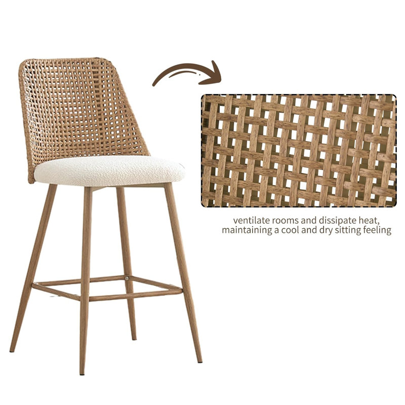 White Upholstered Rattan and Metal Counter Stools, Set of 2