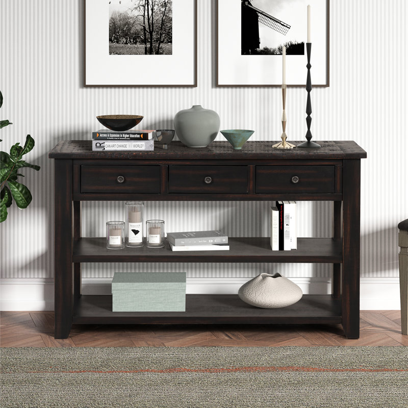 Console de 48 pouces en pin massif avec 3 tiroirs et 2 tablettes, noir vieilli, classique américain, bois de grande capacité pour la chambre à coucher, tiroirs, style moderne,