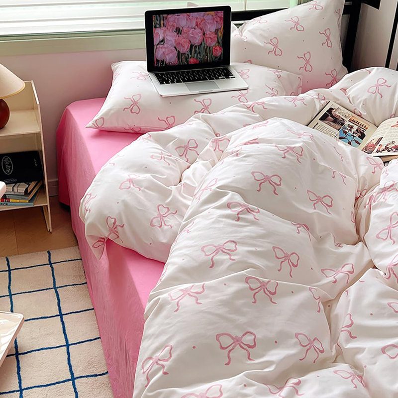 Cartoon Bowknot Comforter Set Pink Bow Tie Knot On White Princess Bedding Set Soft Home Cozy And Breathable Comforter Set