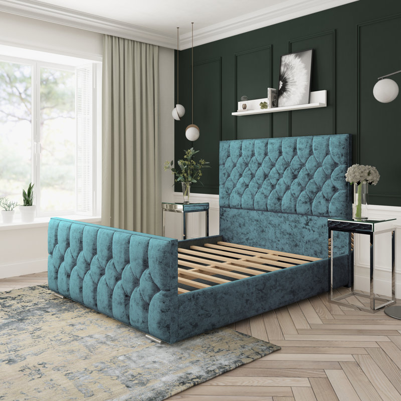 Upholstered Platform Bed, Small Double (4'), Teal