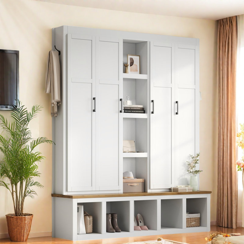 Farmhouse 4-in-1 Hall Tree With Hanging Hooks, Open Compartments, Wood-grain Bench And Shoe Cabinets, White