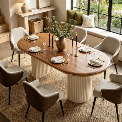 71" Mid-Century Oval Dining Table for 6, Modern Brown Wood Ktichen Table with Roman Column Legs