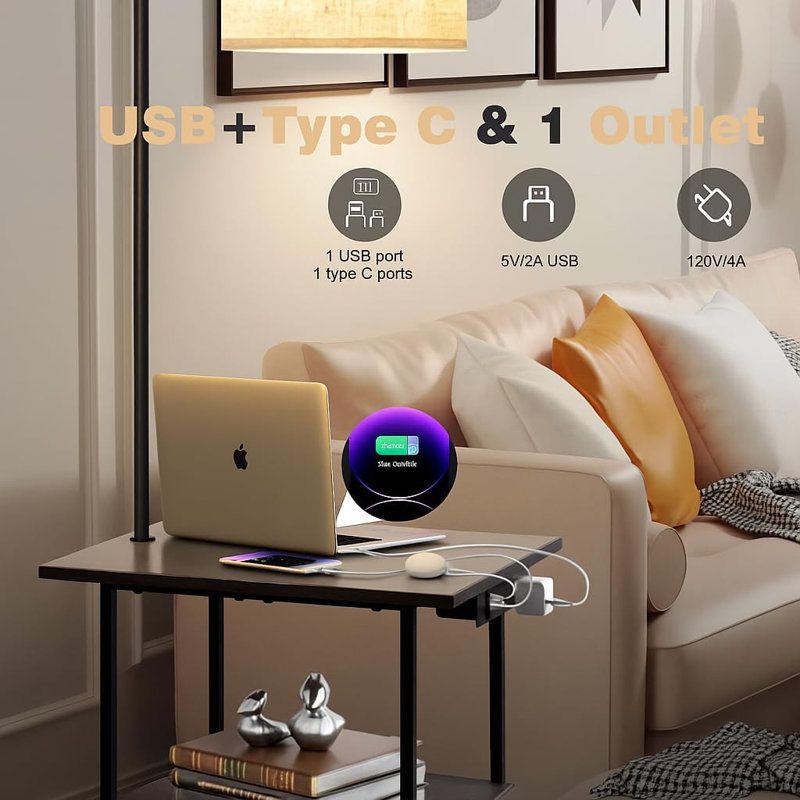 Floor Lamp With Table, End Tables With Charging Station(USB & Type-C & AC Port), 3 Color Temperatures 9W LED Bulb, Modern Shelves Side Table For Bedroom, Living Room