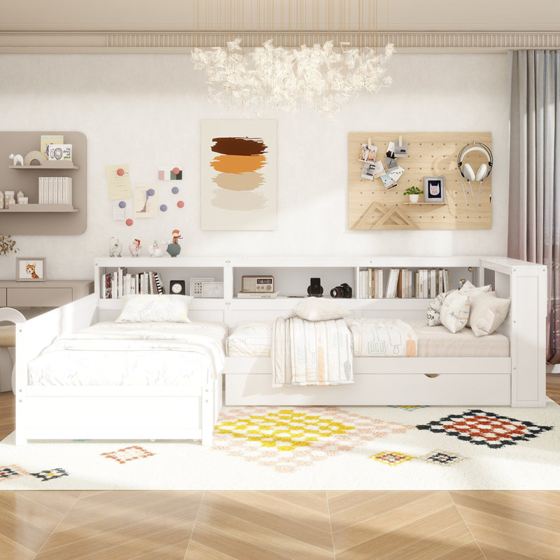 Lit plateforme simple en bois en L avec lit gigogne et tiroir Wood, Blanc
