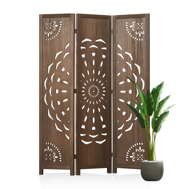 Peony Pattern Room Divider, 3-Panel, Light Brown, Brown, 3