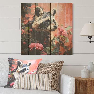 Raton laveur noir et rose IV - Animal raton laveur sur bois