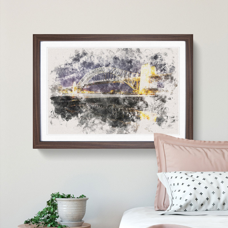 Sydney Harbour Bridge Australia - Picture Frame Painting Print, 36cm H x 48cm W x 2cm D, Walnut Framed