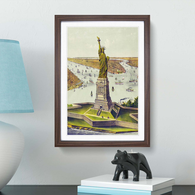 Illustration of the Statue of Liberty in New York - Picture Frame Graphic Art Print, 65cm H x 48cm W x 2cm D, Walnut Framed