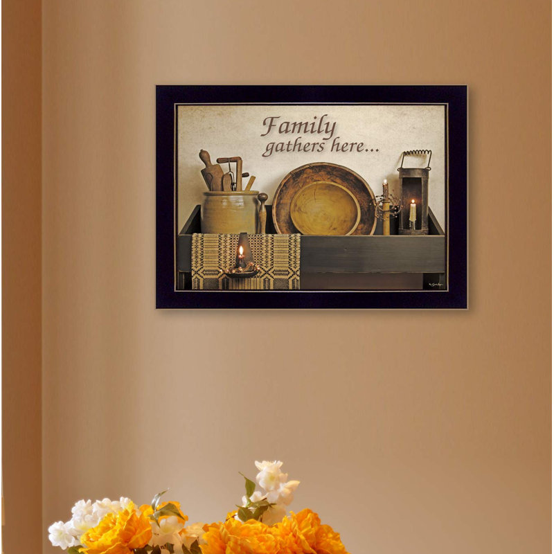 Family Gather Here Framed Wall Art for Living Room, Home Wall Decor by Susie Boyer, Black Framed, 14" H x 18" W x 1" D