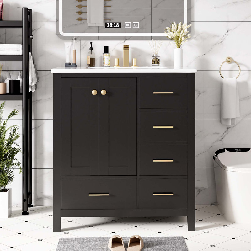 Meuble-lavabo 30 po avec lavabo en céramique, Noir, noir, noir, noir