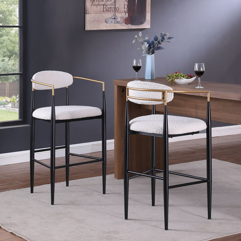 Amen Upholstered Bar Stools, Beige Boucle/Black Base, Bar Stool (30.25" Seat Height)
