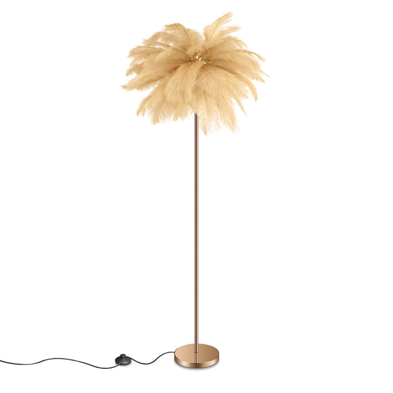 61'' LED Brass Feather Floor Lamp With Outlet, Camel
