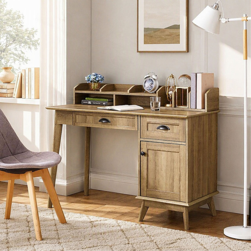 Bureau d'écriture pour bureau à domicile avec huche et armoire, en chêne, Beige