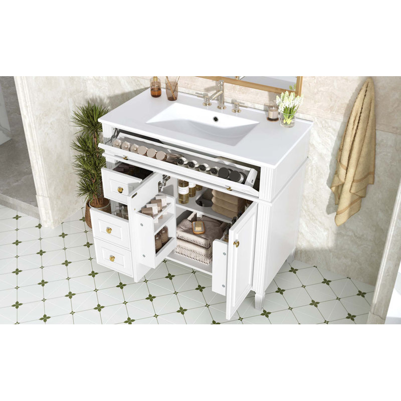 Meuble-lavabo de 36 po avec lavabo, armoire en bois massif avec tiroir rabattable, 3 tiroirs et 2 portes à fermeture en douceur