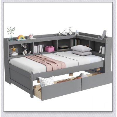 L-Shaped Bookcases Bed With Power Outlets, USB Charging Ports,Two Drawers
