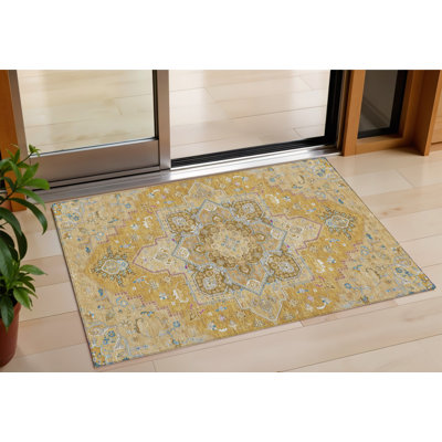 Tapis intérieur lavable oriental beige et bleu doré 3 pi x 5 pi