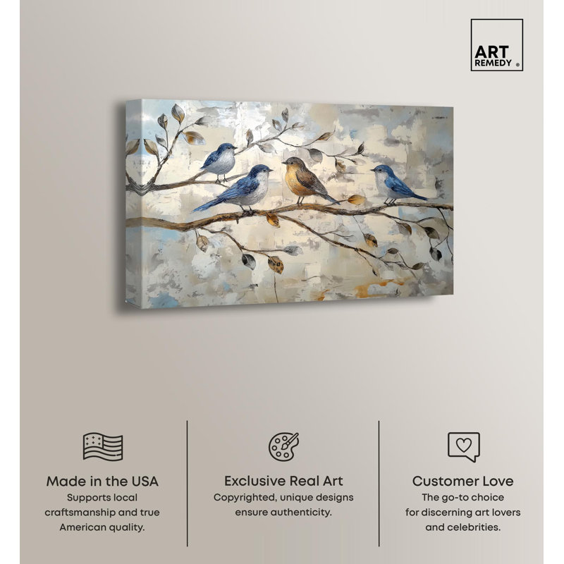Ochre and Blue Birds Canvas Art in 15" x 10" Size