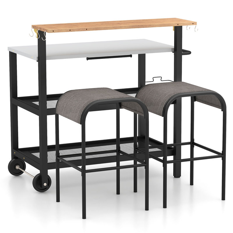 Rolling Bar Cart W/ Flip-up Table Hooks Paper Towel Holder 2 Bistro Stools
