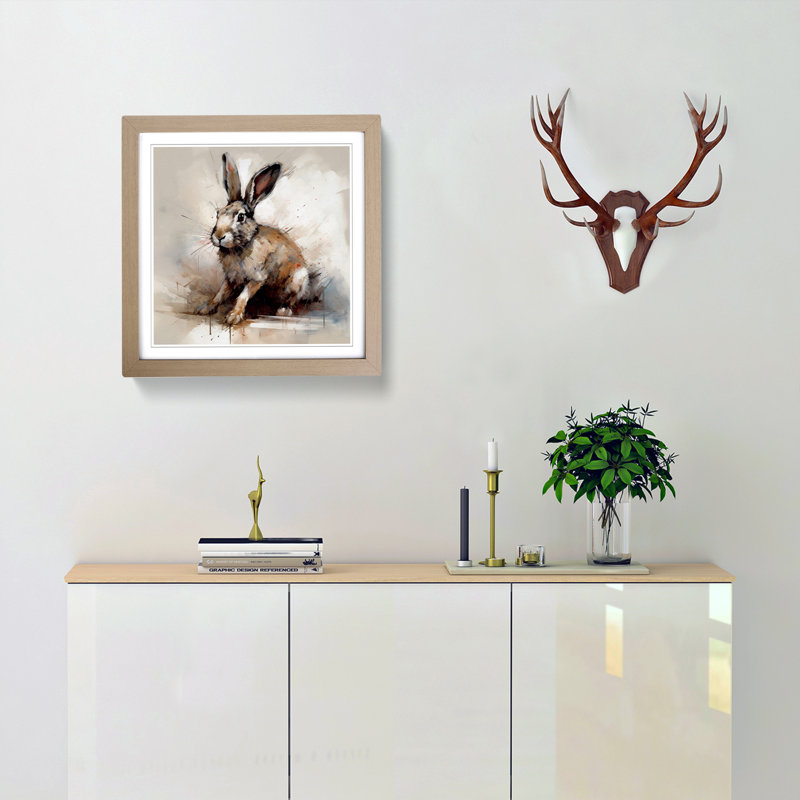 Rabbit Gestural Art No.4 - Single Picture Frame Print on Wood, Oak