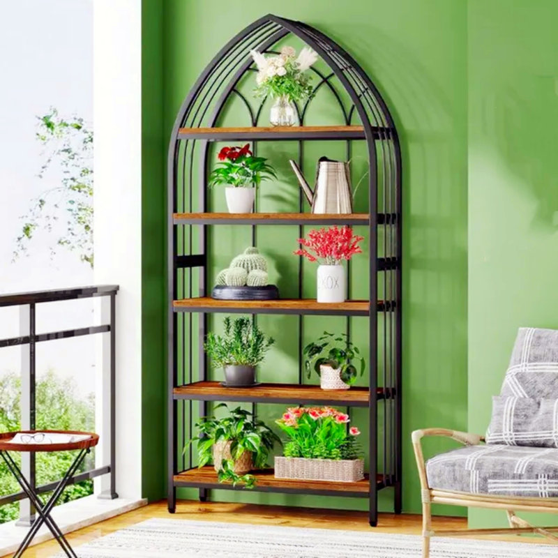 Five-Tier Curved Freestanding Plant Stand, Perfect For Home Offices, Living Rooms, And Bedrooms, Available In Black And Brown.