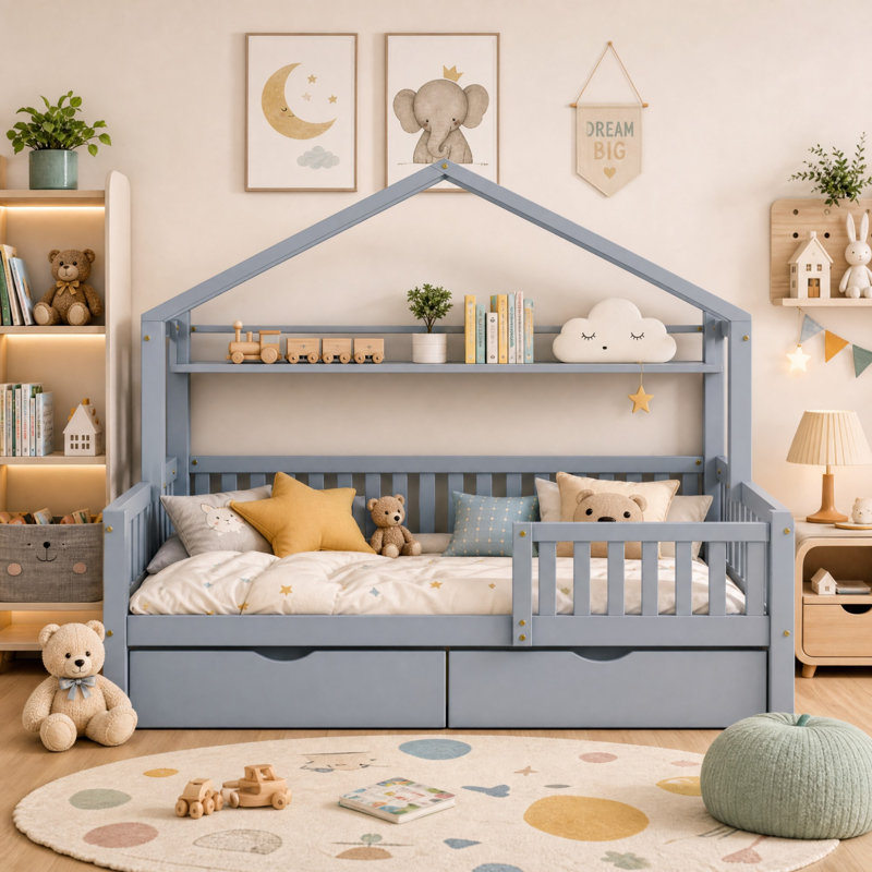 Aito Kids House Bed With Two Drawers, Gray, Twin