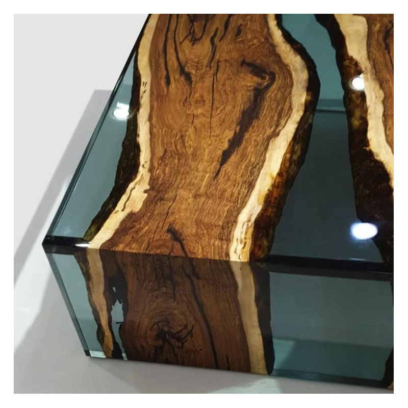 Coffee Table, 13.7" H x 39.4" L x 39.4" W, Natural Wood/Aqua