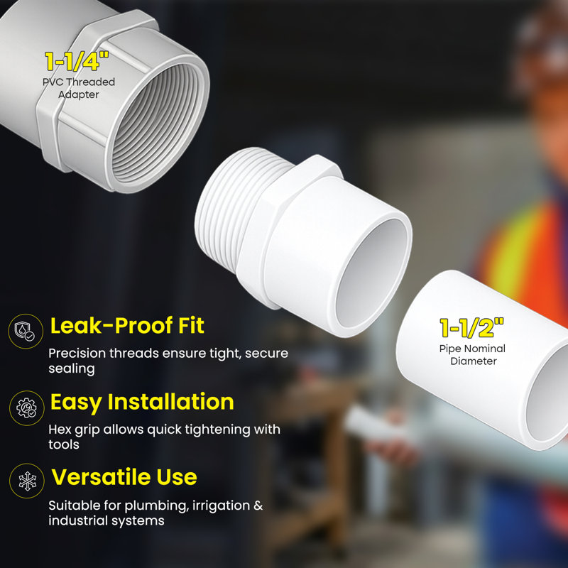 Adaptateur de siphon en PVC blanc 1-1 / 2 po x 1-1 / 4 po, embout mâle x joint coulissant, systèmes de plomberie d'évacuation et de ventilation