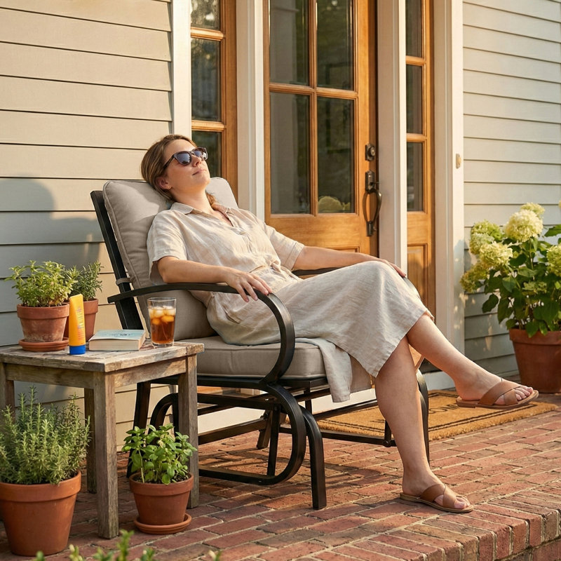 Outdoor Glider Chair, Patio Glider with Cushions, Steel Frame, Curved Armrests, Single Rocking Chair for Yard, Porch, Garden, Poolside, Beige
