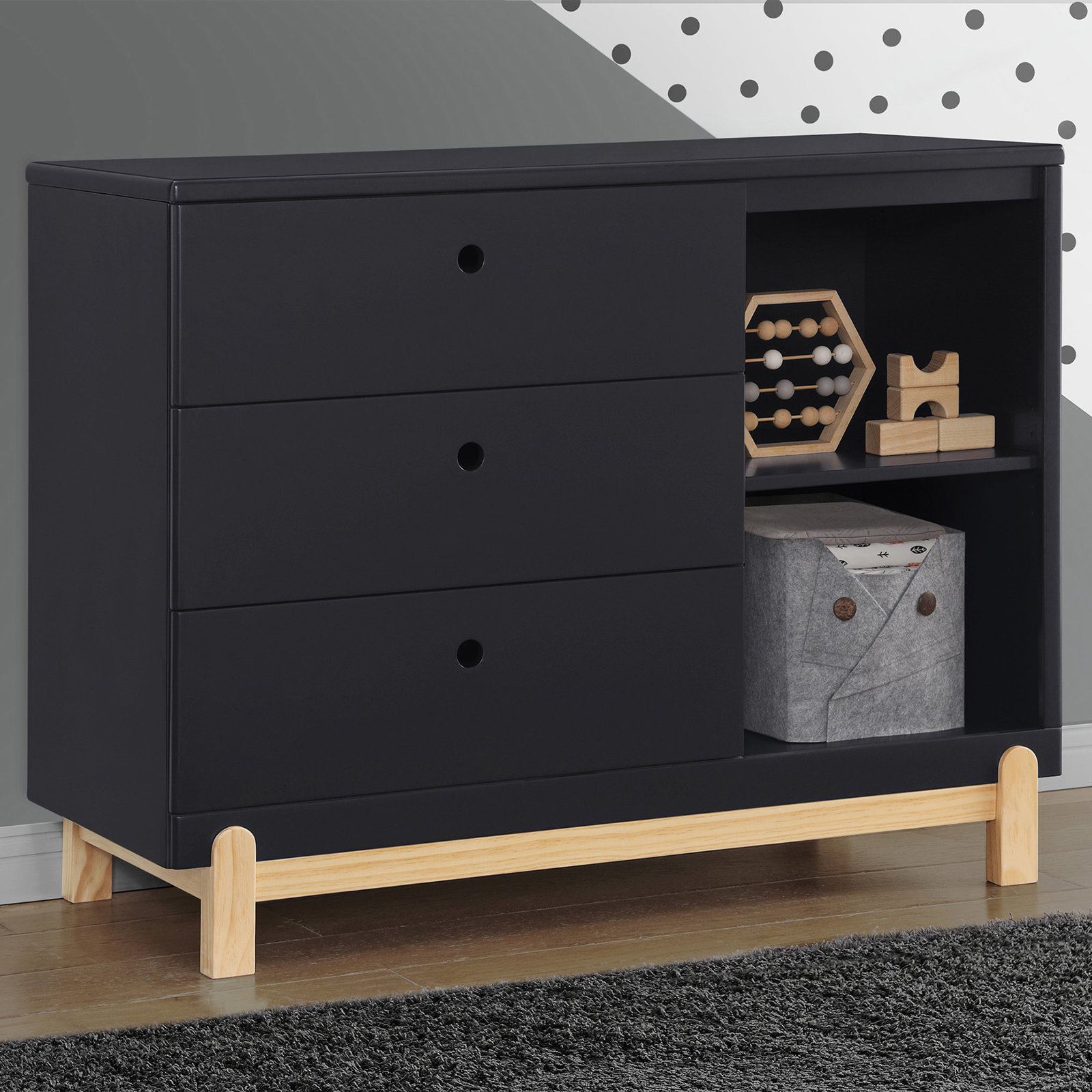 Poppy 3 Drawer Dresser with Cubbies and Interlocking Drawers, Midnight Gray/Natural
