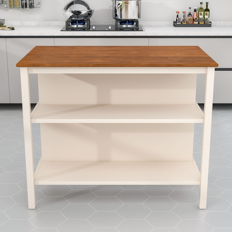 Doru Rustic 45" Stationary Kitchen Island, Rubberwood Butcher Block Dining Table with Open Shelves, Cream White