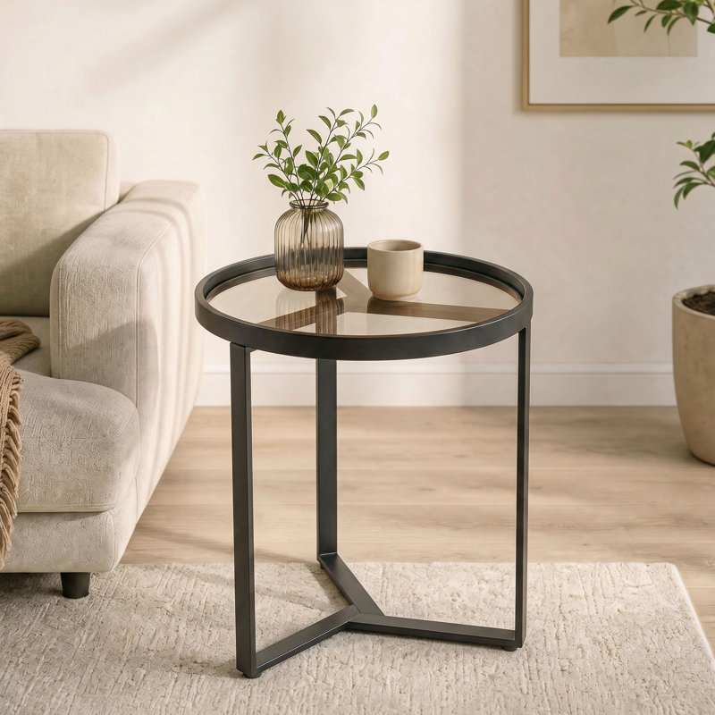HOMCOM Round Side Table with Tempered Glass Top for Small Space Black
