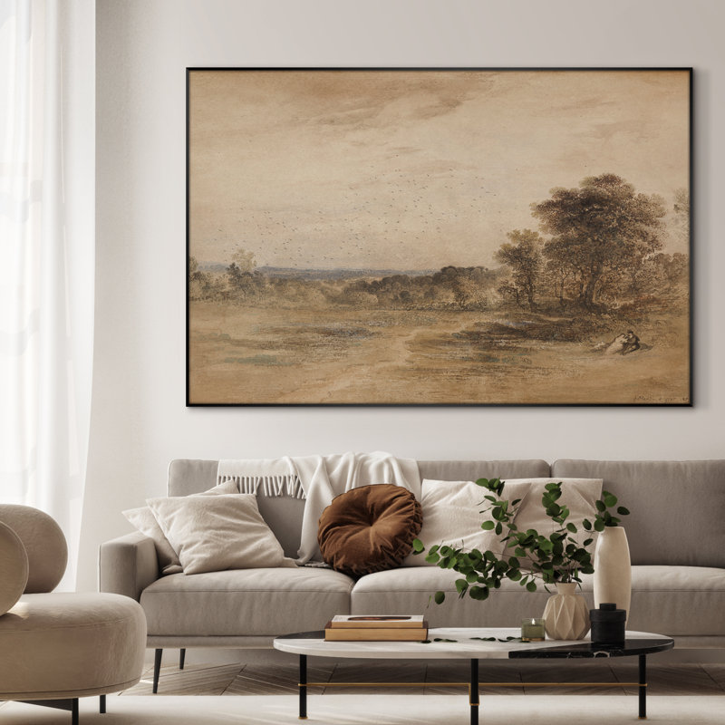 Très grand art mural imprimé sur toile - Paysage de campagne rétro avec des arbres éloignés et des champs tranquilles, décoration pour le salon ou la chambre à coucher