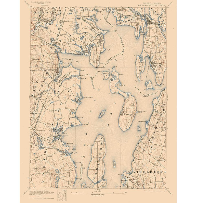 «17 Stories USGS Gallery», art sur toile tendue: Narragansett Bay Rhode Island, USGS 1892, H 24 po x l 19 po