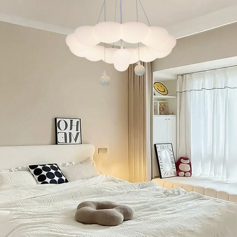 Lustre 19,69 pouces en forme de coquillage crémeux avec source de lumière DEL tricolore et globe lumineux blanc